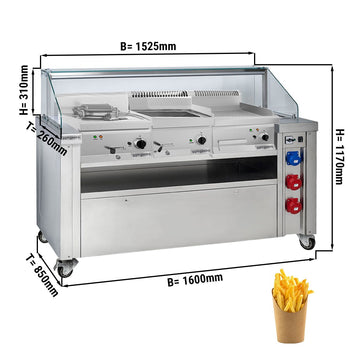Mobilna stacja do gotowania - 1600x850 mm - wysokość: 1170 mm - włącznie z frytkownicą, płytą grillową i bemarem