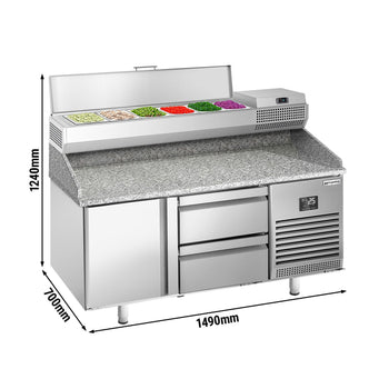 Stół chłodniczy do pizzy PREMIUM PLUS - 1490x700mm - z 1 drzwiami & 2 szufladami - włącznie z witryną chłodniczą nadstawną - 6x GN 1/4 - Prime Gastro