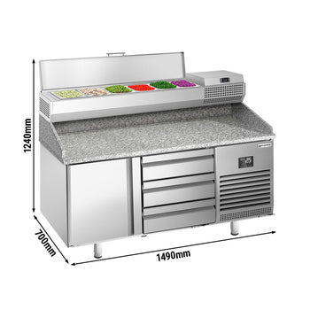 Stół chłodniczy do pizzy PREMIUM PLUS - 1490x700 mm - z 1 drzwiami & 3 szufladami - włącznie z witryną chłodniczą nadstawną - 6x GN 1/4 - Prime Gastro
