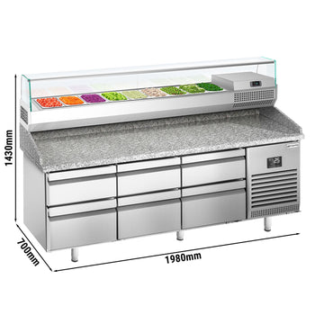Stół chłodniczy do pizzy PREMIUM PLUS - 1980x700mm - z 6 szufladami - włącznie z witryną chłodniczą nadstawną - 9x GN 1/4 - Prime Gastro