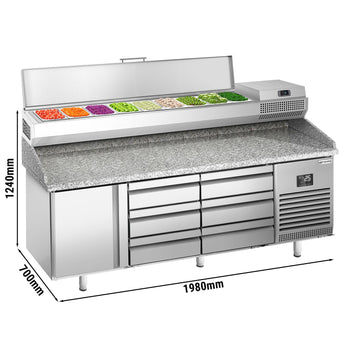 Stół chłodniczy do pizzy PREMIUM PLUS - 1980x700mm - z 1 drzwiami & 6 szufladami - włącznie z witryną chłodniczą nadstawną - 9x GN 1/4 - Prime Gastro