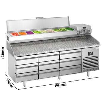 Stół chłodniczy do pizzy PREMIUM PLUS - 1980x700mm - z 9 szufladami - włącznie z witryną chłodniczą nadstawną - 9x GN 1/4 - Prime Gastro