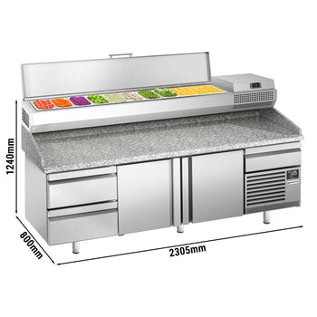 Stół chłodniczy do pizzy Premium PLUS - 2305x800mm - z 2 drzwiami & 2 szufladami - włącznie z witryną chłodniczą nadstawną - 10x GN 1/3 - Prime Gastro