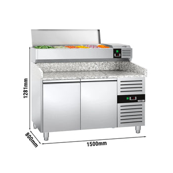 Stół chłodniczy do pizzy PREMIUM - 1500x800mm - z 2 drzwiami - włącznie z witryną chłodniczą nadstawną - 7x GN 1/4 - Prime Gastro
