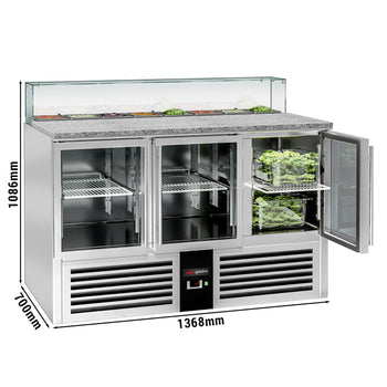 Stół Sałatkowy PREMIUM - 1368mm - szklana nadstawka dla 8x GN 1/6 - 3 szklane drzwi - Prime Gastro