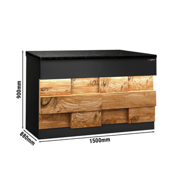 Lada kasowa TORONTO - 1500 mm - drewniany panel przedni - blat roboczy kuchenny z czarnego granitu - Prime Gastro