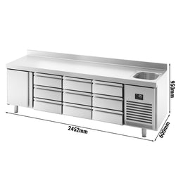 Stół chłodniczy PREMIUM PLUS - 2452x600mm - 510L - z 1 drzwiami - z 9 szufladami - z rantem