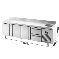 Stół chłodniczy PREMIUM PLUS - 2452x600mm - 510L - z 3 drzwiami - z 2 szufladami - z 1 komorą - z rantem - na rynek PL
