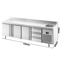 Stół chłodniczy PREMIUM PLUS - 2452x600mm - 510L - z 3 drzwiami - z 3 szufladami - z 1 komorami prawa - z rantem
