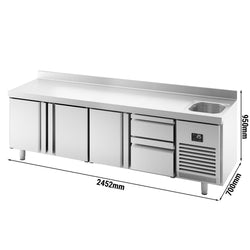Stół chłodniczy PREMIUM PLUS - 2452x700mm - 630L - z 3 drzwiami - z 2 szufladami - z rantem