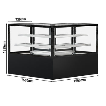 Narożna witryna ekspozycyjna na ciasta MADRID - 1500 mm - z oświetleniem LED & 2 półkami - czarna matowa - Prime Gastro