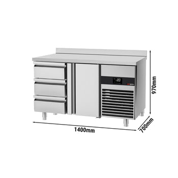 Stół chłodniczy PREMIUM - 1400x700 mm - z 1 drzwiami i 3 szufladami & z panelem tylnym