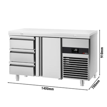 Stół chłodniczy PREMIUM - 1400x700 mm - z 1 drzwiami & 3 szufladami - włącznie z deską do krojenia biała - Prime Gastro