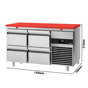 Stół chłodniczy PREMIUM - 1400x700mm - z 4 szufladami - włącznie z deską do krojenia czerwona - Prime Gastro