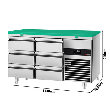 Stół chłodniczy PREMIUM - 1400x700mm - z 6 szufladami - włącznie z deską do krojenia zielona - Prime Gastro