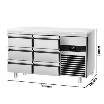 Stół chłodniczy PREMIUM - 1400x700mm - z 6 szufladami - włącznie z deską do krojenia biała - Prime Gastro