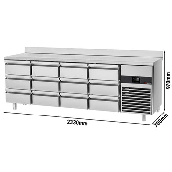 Stół chłodniczy PREMIUM - 2330x700 mm - 12 szuflad & panel tylny - Prime Gastro
