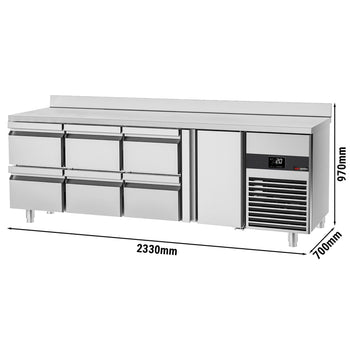 Stół chłodniczy PREMIUM - 2330x700 mm - z 1 drzwiami & 6 szufladami & panelem tylnym - Prime Gastro