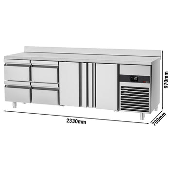 Stół chłodniczy PREMIUM - 2330x700 mm - z 2 drzwiami & 4 szufladami & panelem tylnym
