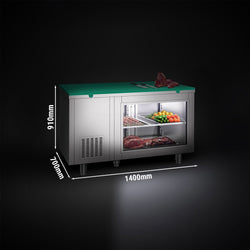 Stół chłodniczy – 1400 x 700 mm – 2 drzwi z tyłu – z przeszklonym frontem – wraz z zieloną płytą do krojenia