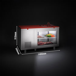 Stół chłodniczy – 1400 x 700 mm – 2 drzwi z tyłu – z przeszklonym frontem – wraz z czerwoną płytą do krojenia