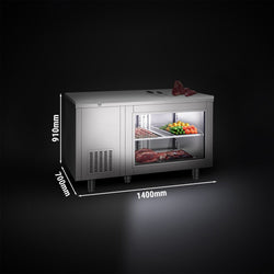 Stół chłodniczy – 1400 x 700 mm – 2 drzwi z tyłu – z przeszklonym frontem – wraz z białą płytą do krojenia