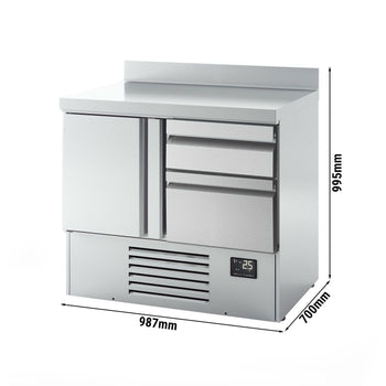 Stół chłodniczy PREMIUM PLUS - 980x700 mm - z 1 drzwiami & 2 szufladami & z panelem tylnym