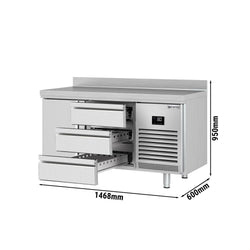 Stół chłodniczy PREMIUM PLUS - 1468x600mm - 250L - z 1 drzwiami - z 3 szufladami - z rantem - na rynek PL