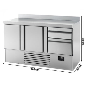 Stół chłodniczy PREMIUM PLUS - 1460x700 mm - z 2 drzwiami & 2 szufladami & z panelem tylnym
