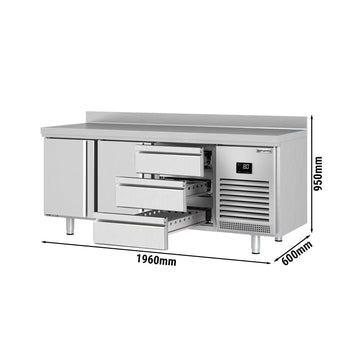 Stół chłodniczy PREMIUM PLUS - 1960x600 mm - z 2 drzwiami & 3 szufladami & z panelem tylnym
