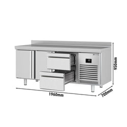 Stół chłodniczy PREMIUM PLUS - 1960x700mm - 465L - z 2 drzwiami - z 2 szufladami - z rantem - na rynek PL