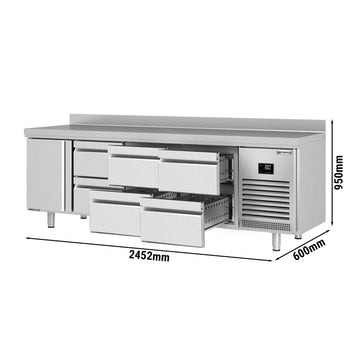 Stół chłodniczy PREMIUM PLUS - 2452x600 mm - z 1 drzwiami & 6 szufladami & panelem tylnym