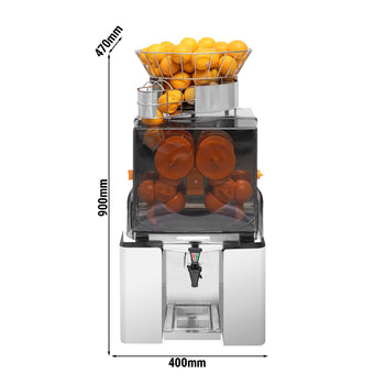 Elektryczna wyciskarka do pomarańczy - z automatycznym podawaniem owoców i kranikiem spustowym - srebrna - Prime Gastro