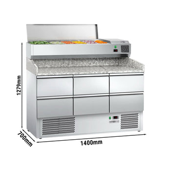 Stół chłodniczy do pizzy ECO - 1400x700mm - z 6 szufladami 1/2 - włącznie z witryną chłodniczą nadtsawną z GN 1/4 - Prime Gastro