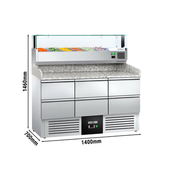 Stół chłodniczy do pizzy PREMIUM - 1400x700mm - z 6 szufladami 1/2 - włącznie z witryną chłodniczą nadstawną GN 1/4 - Prime Gastro