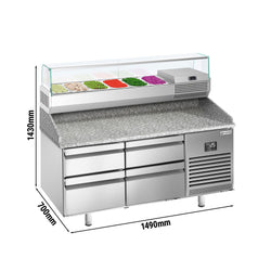 Stół chłodniczy do pizzy Premium PLUS – 1490 x 700 mm – z 4 szufladami – wraz z witryną chłodniczą – 6 x GN 1/4
