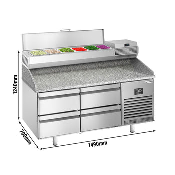 Stół chłodniczy do pizzy PREMIUM PLUS - 1490x700mm - z 4 szufladami - włącznie z witryną chłodniczą nadstawną - 6x GN 1/4 - Prime Gastro