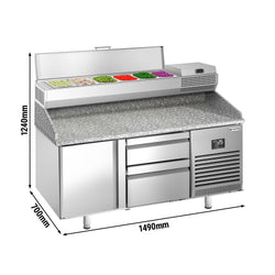 Stół chłodniczy do pizzy PREMIUM PLUS - 1490x700mm - z blatem granitowym - 1‑drzwiowy, 2 szuflady - z nadstawką chłodniczą - 6x GN 1/4