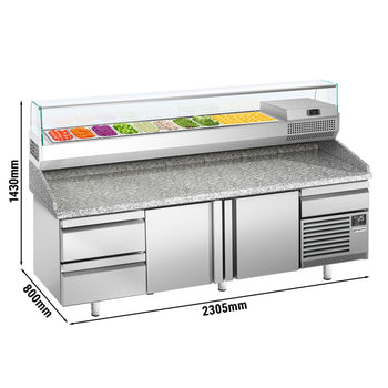 Stół chłodniczy do pizzy PREMIUM PLUS - 2305x800mm - z 2 drzwiami & 2 szufladami - włącznie z witryną chłodniczą nadstawną - 10x GN 1/3 - Prime Gastro