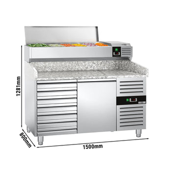 Stół chłodniczy do pizzy PREMIUM - 1500x800mm - z 1 drzwiami i 7 szufladami - włącznie z witryną chłodniczą nadstawną - 7x GN 1/4 - Prime Gastro