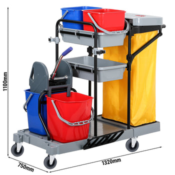 Wózek do sprzątania – z 4 pojemnikami, wyżymaczką do mopów i workiem na pranie – szary - Prime Gastro