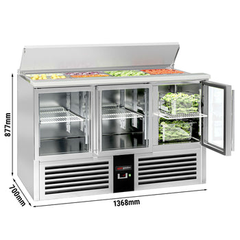 Saladette PREMIUM – 1370 mm – 3 szklane drzwi – z otworem na 4 pojemniki GN 1/1 i pokrywą ze stali nierdzewnej - Prime Gastro