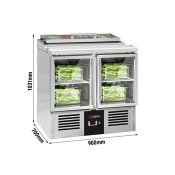Stół Sałatkowy PREMIUM - 900 mm - dla 4x GN 1/3 - szklana pokrywa - 2 szklane drzwi - Prime Gastro