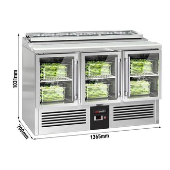 Stół Sałatkowy PREMIUM - 1365 mm - dla 7x GN 1/3 - szklana pokrywa - 3 szklane drzwi - Prime Gastro