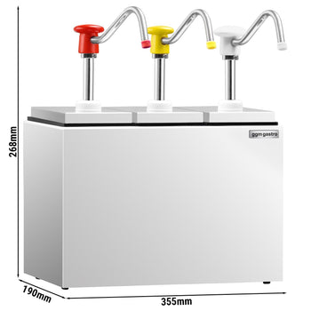 Dozownik sosów/dawkowacz – 3 x 2,5 litra – wylewka zapobiegająca kapaniu – wraz z podstawką ze stali nierdzewnej