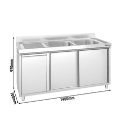 Szafka zlewozmywakowa PREMIUM – 1400 x 700 mm – z koszem na śmieci i 2 zlewami po prawej stronie