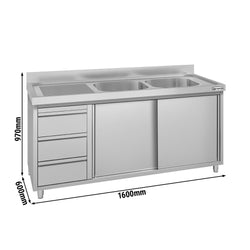 Szafka zlewozmywakowa ECO – 1600 x 600 mm – z 3 szufladami i 2 zlewami po prawej stronie