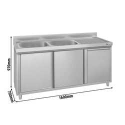 Szafka zlewozmywakowa ECO – 1600 x 700 mm – z koszem na śmieci i 2 zlewami po lewej stronie