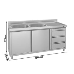 Szafka zlewozmywakowa ECO – 1600 x 700 mm – z 3 szufladami i 2 zlewami po lewej stronie