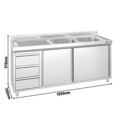 Szafka zlewozmywakowa PREMIUM – 1800 x 700 mm – z 3 szufladami i 2 zlewami po prawej stronie